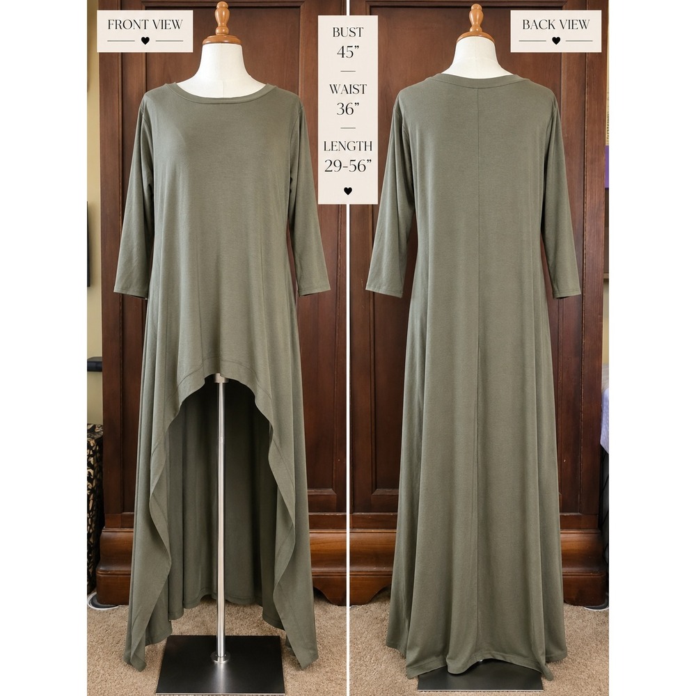 Zenana Premium Olive Green High-Low Maxi Tunic Top 3/4 Sleeve XL